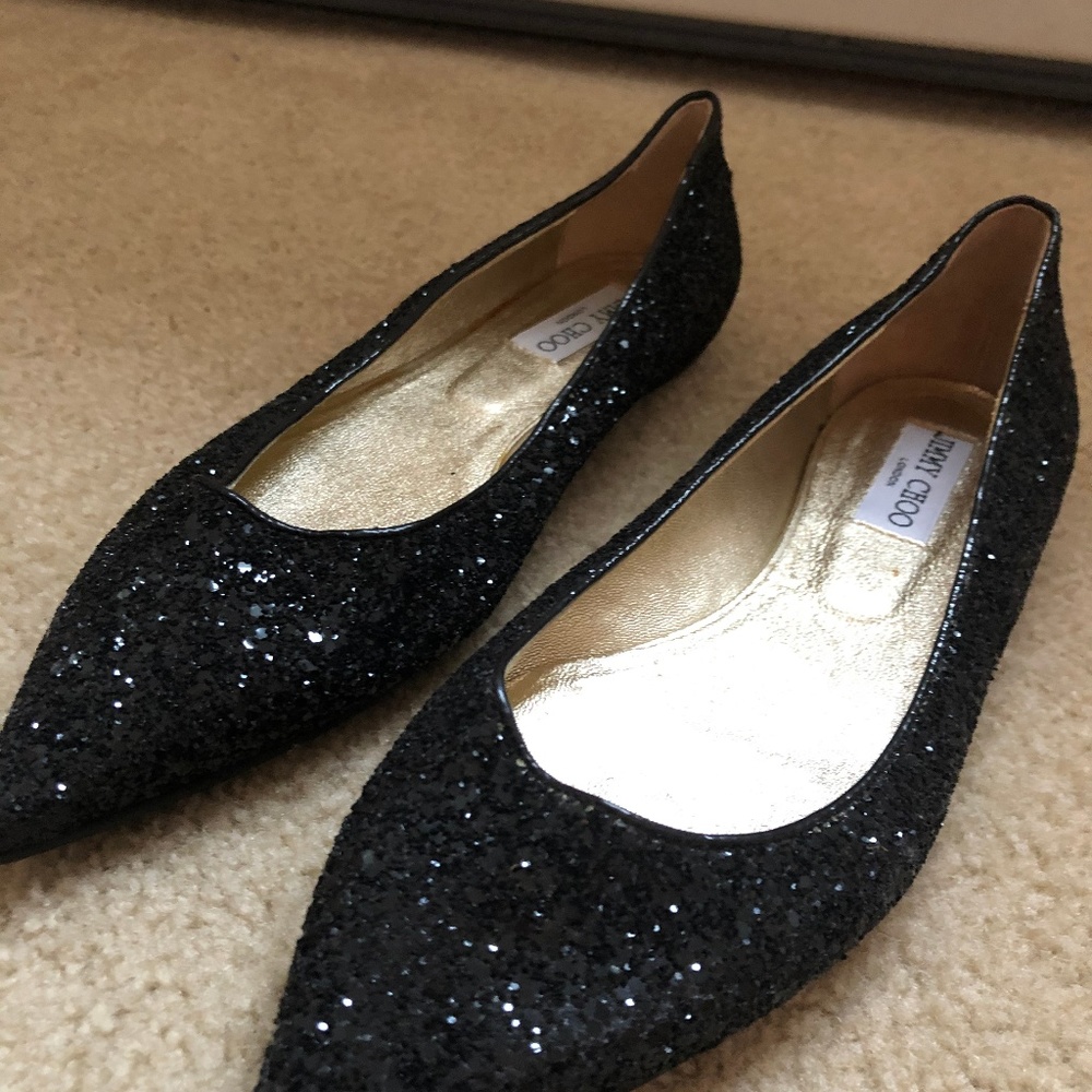 Jimmy Choo Black Glitter Pointed Toe Flats